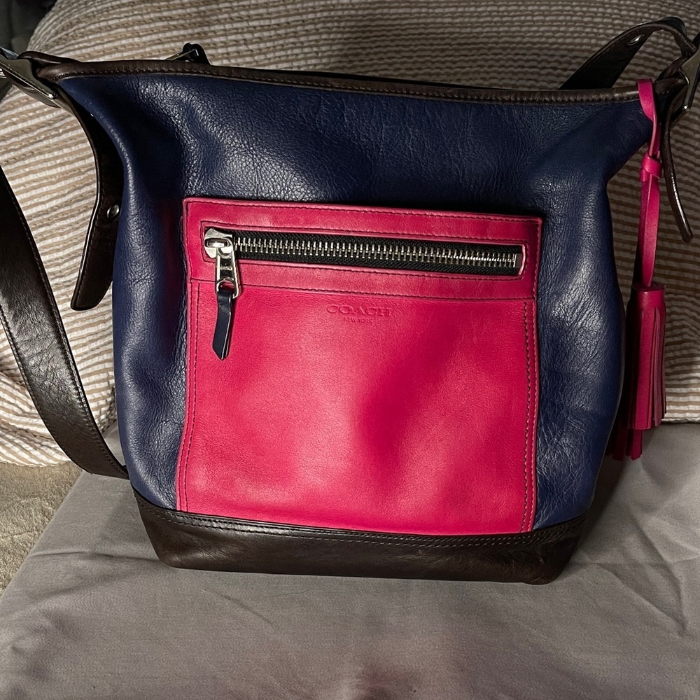 Coach Large Colorblock Legacy Navy Brown and Hot Pink Shoulder Bag Coach 19995